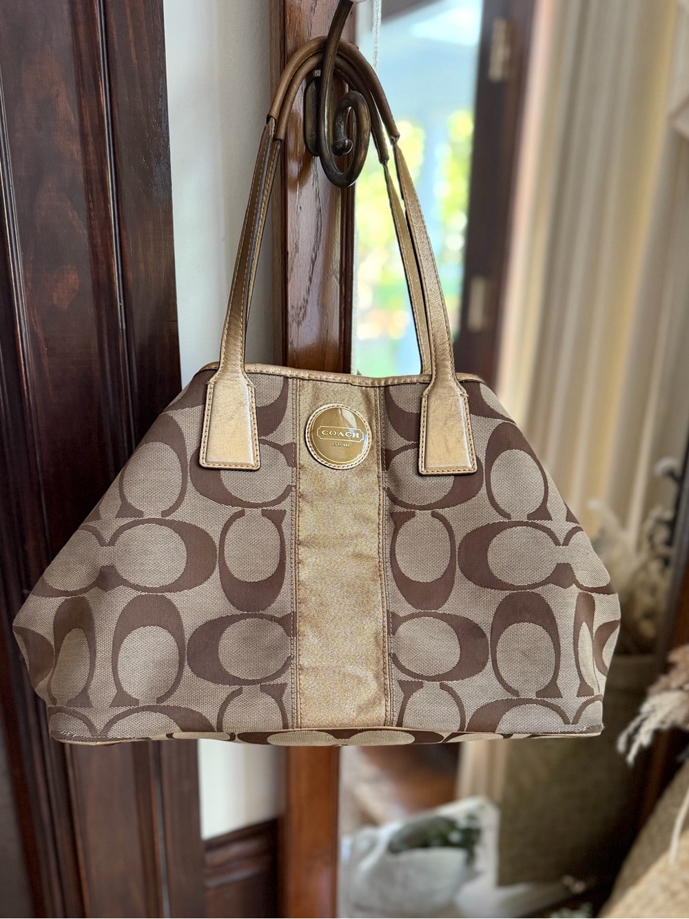 Coach Vintage Signature Kiss-Lock Framing Metallic Gold Carryall Tote